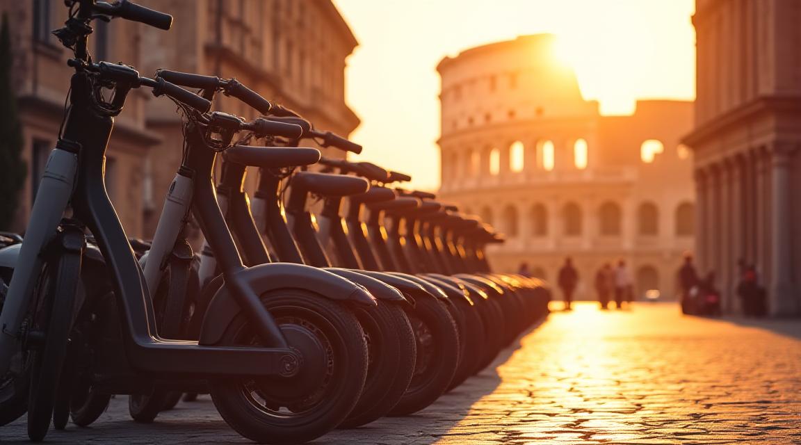Biciclette elettriche allineate davanti al Colosseo